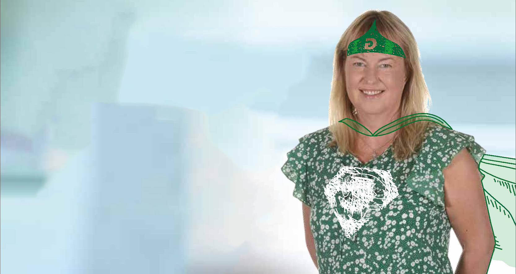 Female with cartoon drawings over her including cape and headgear.