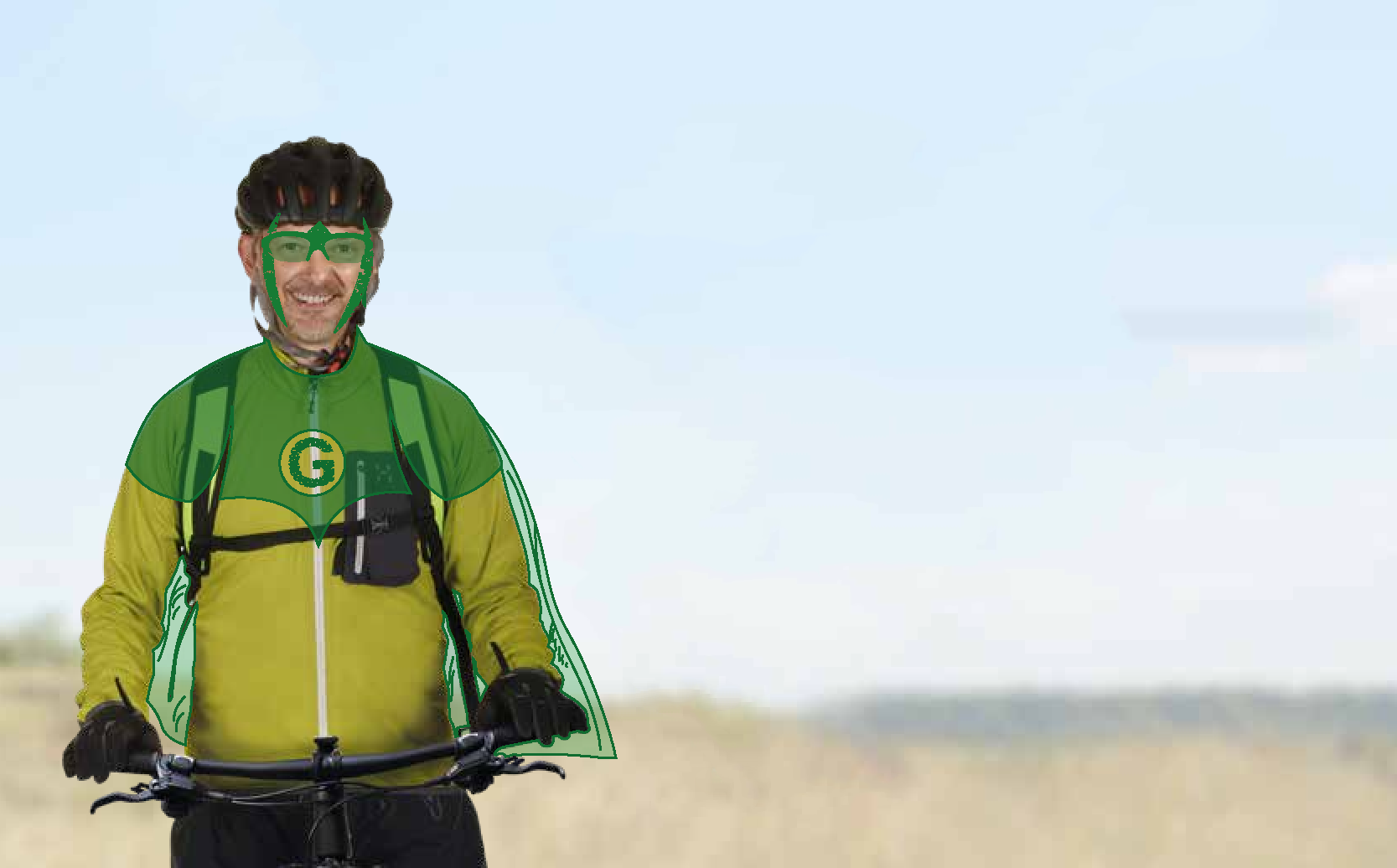Male on a bicycle with cartoon drawings over him including a cape and goggles