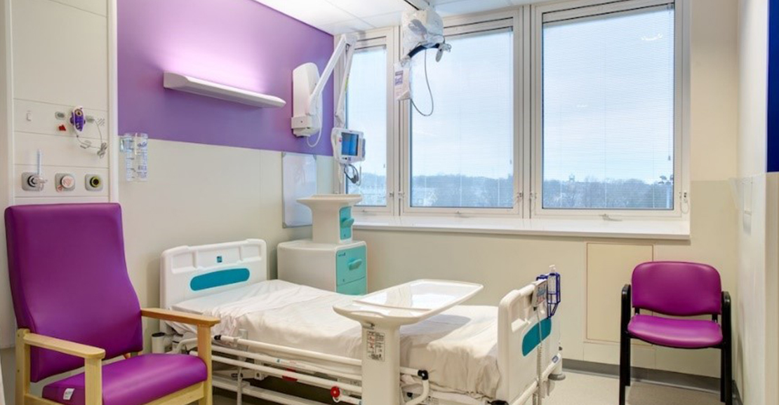 Patient room at Huddersfield Royal Infirmary with the new LED lights