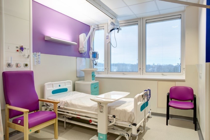 Patient room at Huddersfield Royal Infirmary with the new LED lights
