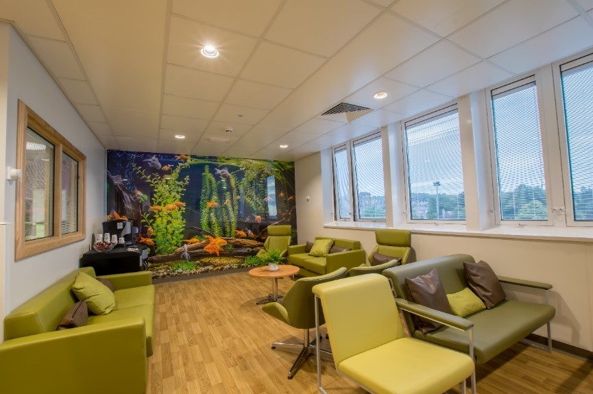 Waiting room at Huddersfield Royal Infirmary with the new LED lights